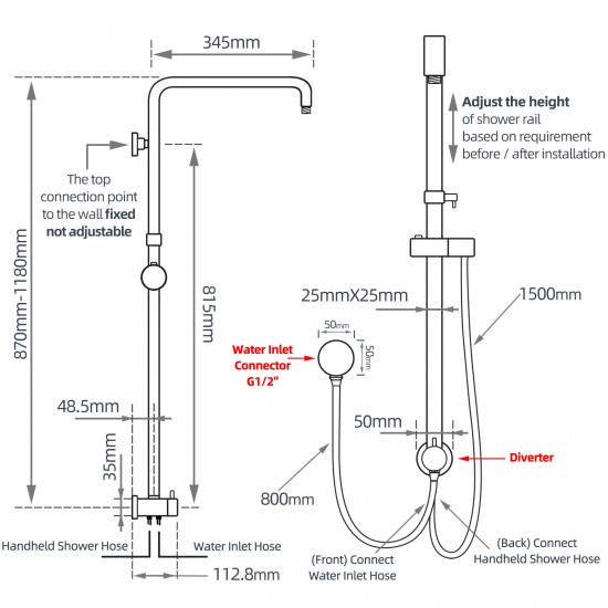 8 inch 200mm Round Black Twin Shower Set Top/Bottom Water Inlet